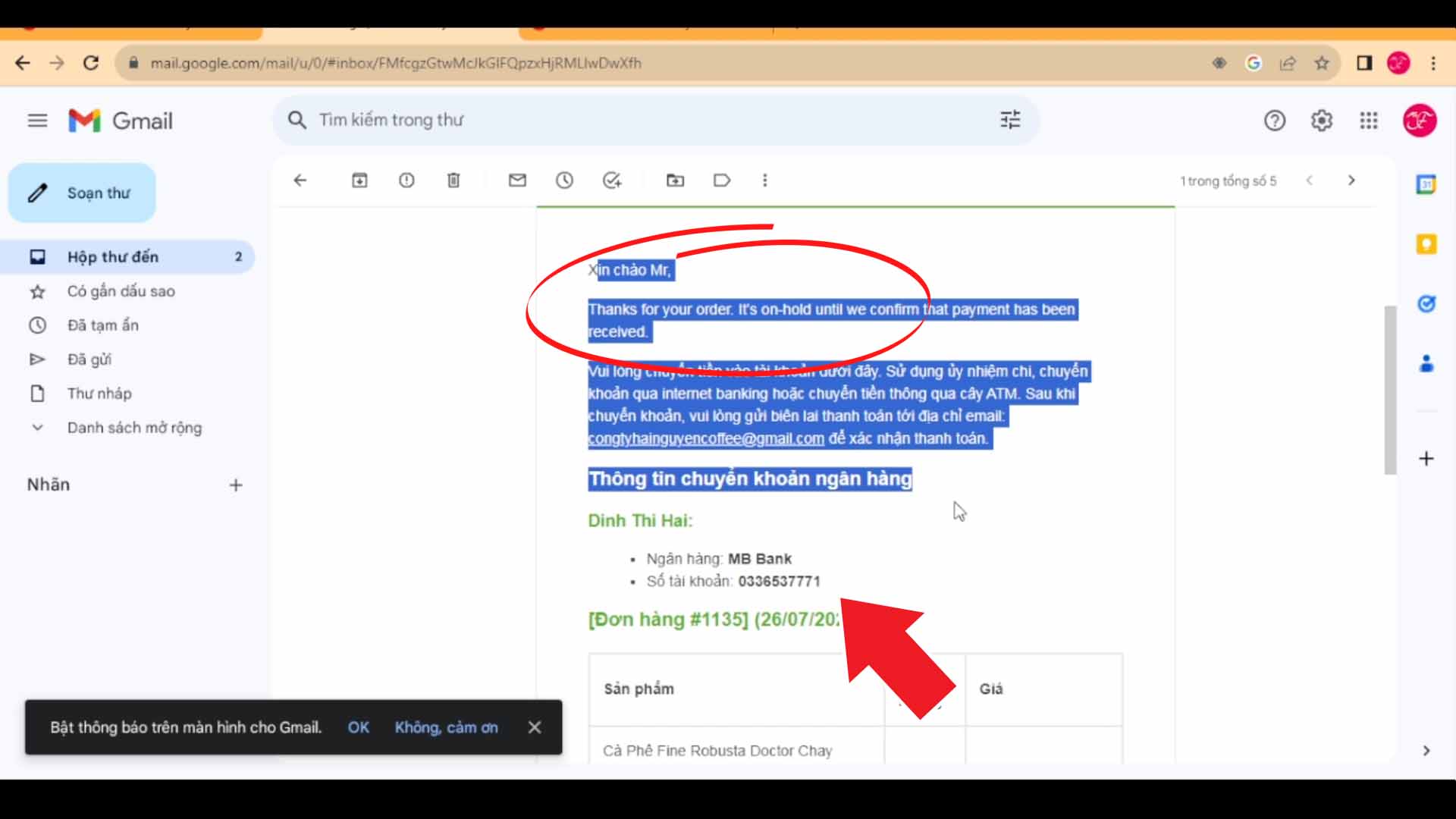 Email thông báo đơn đặt hàng thành công