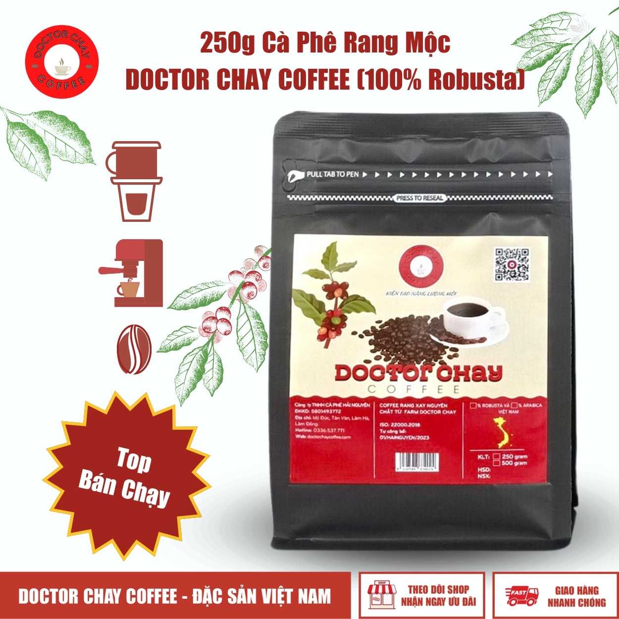 250g-ca-phe-rang-moc-doctor-chay-coffee-100-robusta-nguyen-chat 250g Cà Phê Rang Mộc DOCTOR CHAY COFFEE (100% Robusta)