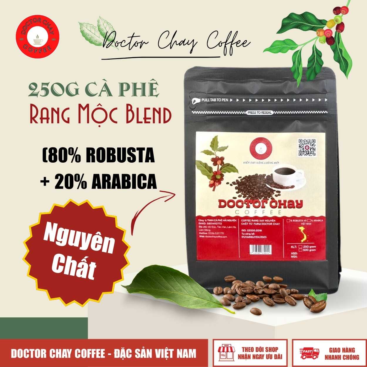 tro-gia-250g-ca-phe-rang-moc-blend-doctor-chay-coffee-ty-le-8-2-80-robusta-20-arabica-nguyen-chat 250g Cà Phê Rang Mộc Blend DOCTOR CHAY COFFEE tỷ lệ 8-2 (80% Robusta + 20% Arabica) Nguyên Chất
